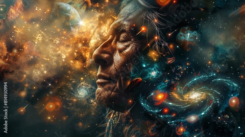A man with a head full of stars and planets, surrounded by mystical symbols and mushrooms