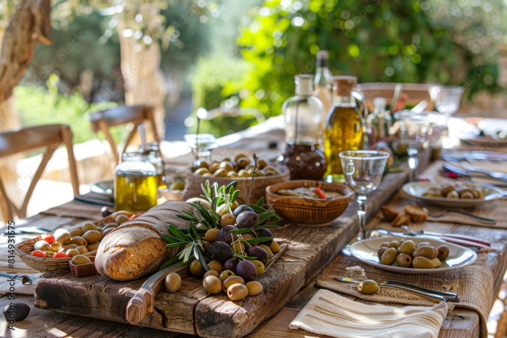Rustic Outdoor Table Laden With Various Olive Oils and Fresh Bread at Sunset