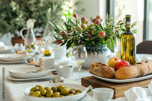 Elegant Table Setting With Olive Oil, Fresh Bread, and Green Olives in Sunlit Dining Room
