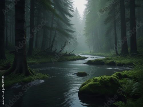 A monstrous river runs through a forest in the foreground. Leaning forest trees. Leaves are dark green