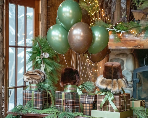 A Canadian wilderness birthday with forest green and brown balloons, pine bough streamers, fur trapper hats, and gift boxes wrapped in plaid in a remote cabin setting . photo