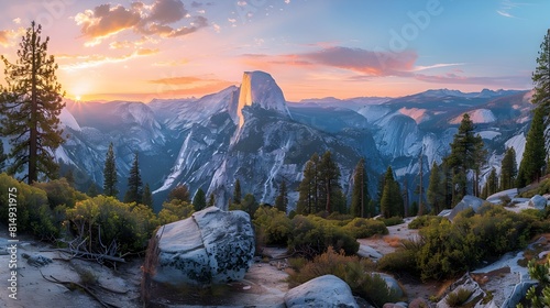 Golden Dawn Embrace Majestic Panoramic Sunrise over Yosemite Valleys Granite Domes photo