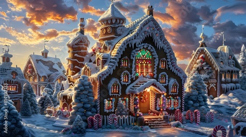 Enchanting Winter Wonderland Village with Snowy Cottages and Twinkling Lights at Sunset photo