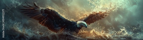 A large eagle is flying through a stormy sea