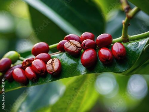 Coffee Bean Bounty, Gayo and Coffee Beans Close-Up on Farm's Green Leaf, Agriculture Land. photo