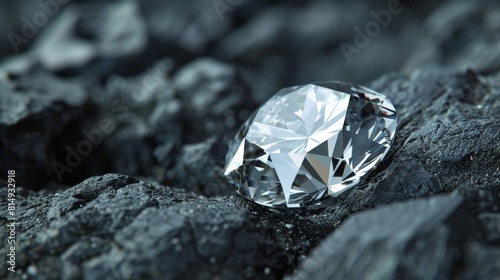 A beautiful diamond shines amidst a pile of coal. photo