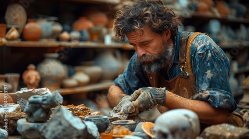 male archeologist carefully restoring a broken piece of pottery