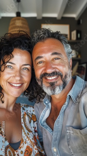 A man and woman smiling together posing for a selfie with a warm inviting ambiance in the background.