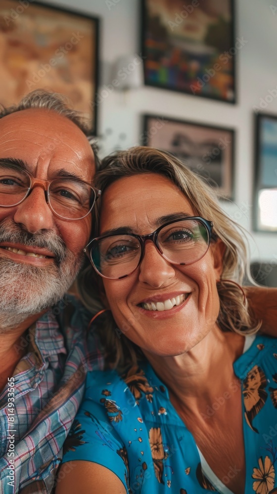 A man and woman with glasses smiling and posing together in a room with artwork on the wall.
