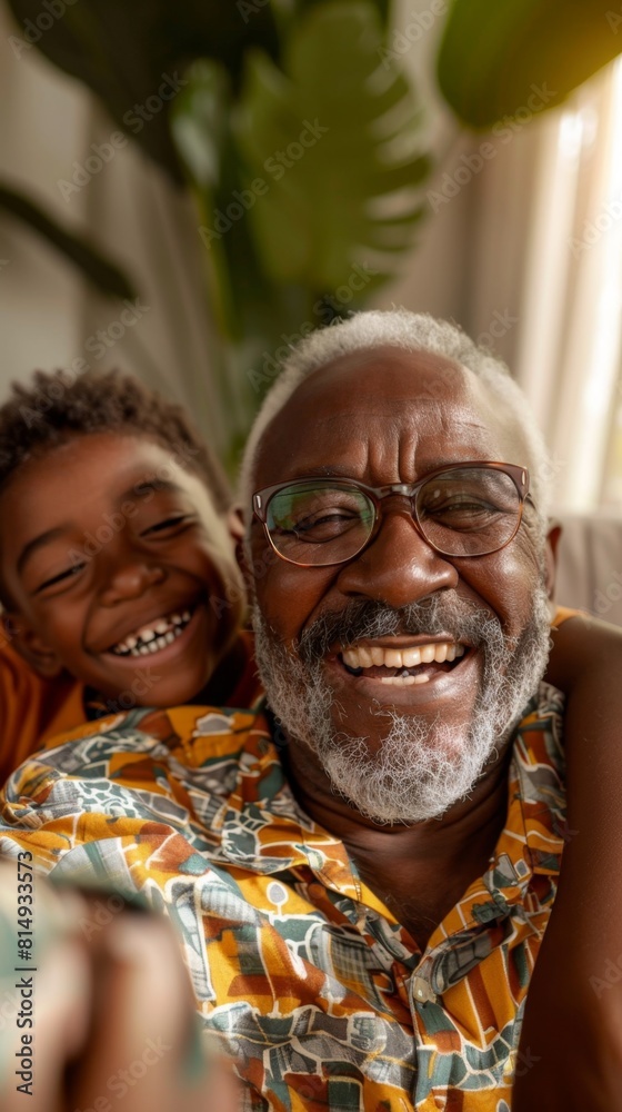 A joyful moment captured between a man and a child both smiling broadly with the man wearing glasses and a patterned shirt set against a warm blurred background.