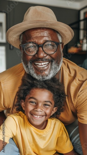 A joyful moment captured between a man and a child both wearing yellow sharing a warm smile and a loving embrace.