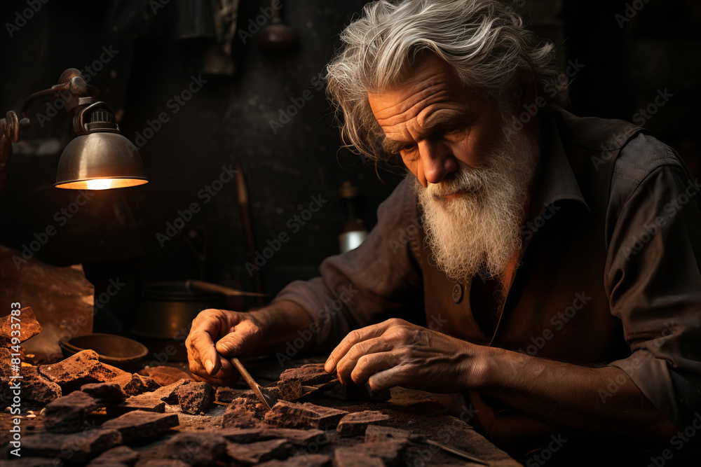 Old man looks at and studies pieces of ore, looks for minerals