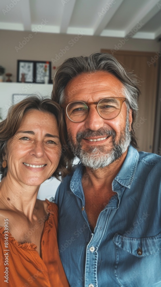 A man and woman posing for a selfie both smiling with the man wearing glasses and a blue shirt and the woman in an orange top set against a blurred indoor background. A man and woman posing for a selfie both smiling with the man wearing glasses and a blue shirt and the woman in an orange top set against a blurred indoor background.
