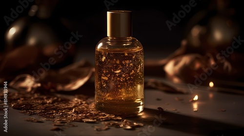 **A bottle of shimmering body oil with golden flecks
