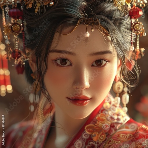 Captivating Smile of a Chinese Female Model Adorned in Traditional Attire and Jewelry