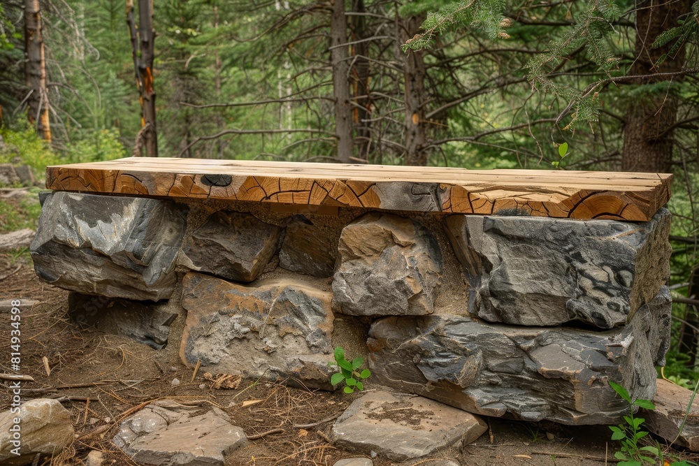 Obraz premium Rocky mountain ledge with a timber podium, offering a sturdy, robust setting for rugged outdoor equipment
