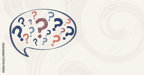 Speech bubble containing symbols and signs of a group of hand-drawn question marks. Questionnaire wallpaper. Choice - problem - question - doubt or query concept. FAQ. Banner copy space © melita