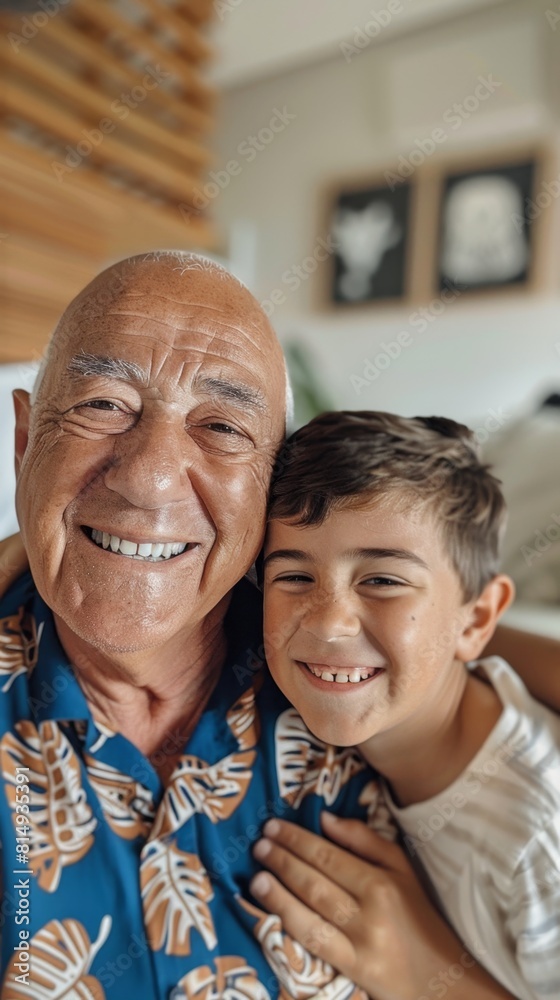A joyful moment captured between an older man and a young boy both smiling broadly sharing a warm embrace against a blurred indoor background. A joyful moment captured between an older man and a young boy both smiling broadly sharing a warm embrace against a blurred indoor background.