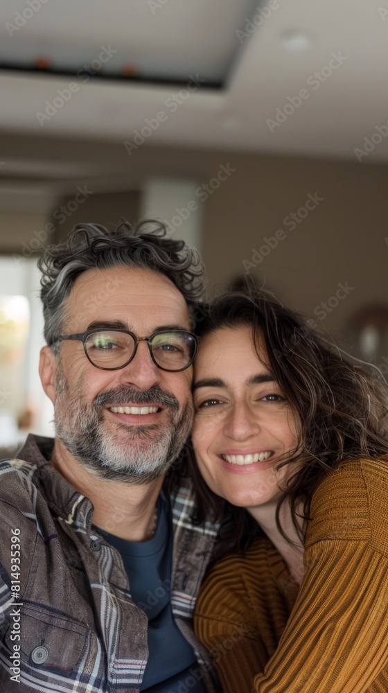 A man and woman smiling together embracing with the man wearing glasses and a plaid shirt and the woman in a striped sweater set against a blurred indoor background. A man and woman smiling together embracing with the man wearing glasses and a plaid shirt and the woman in a striped sweater set against a blurred indoor background.