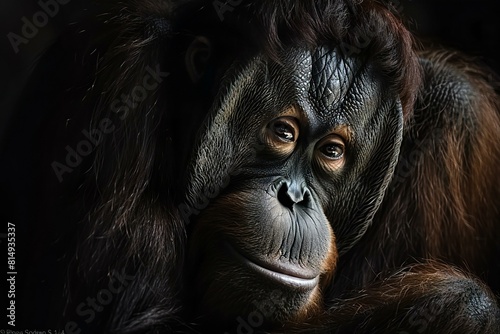 Portrait of a female orangutan in a dark environment