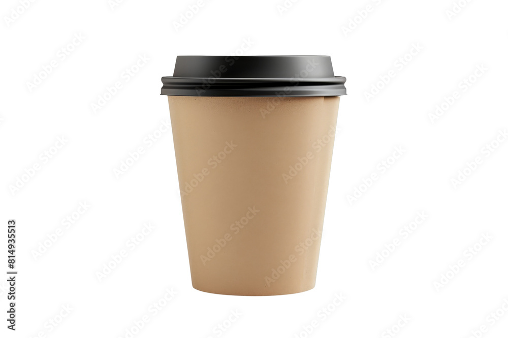 A brown cardboard coffee cup with a black lid. A brown cardboard coffee cup with a black lid.