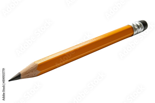 A yellow sharpened pencil with an eraser on the end.