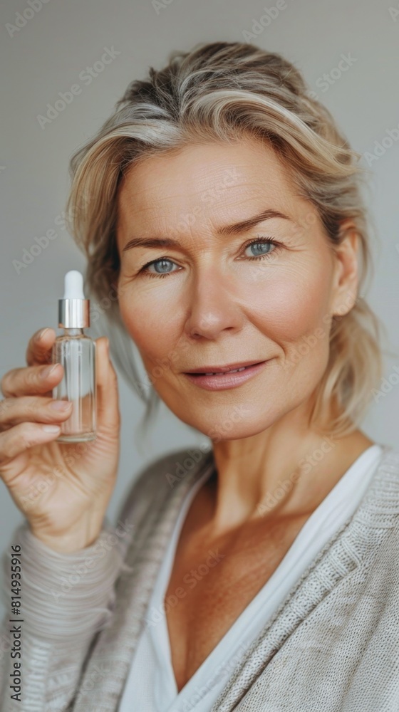 Woman with blonde hair blue eyes and a light complexion holding a small bottle of liquid possibly a skincare product against a neutral background. Woman with blonde hair blue eyes and a light complexion holding a small bottle of liquid possibly a skincare product against a neutral background.