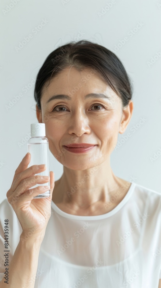 Asian woman holding a small bottle of water with a smile on her face. Asian woman holding a small bottle of water with a smile on her face.