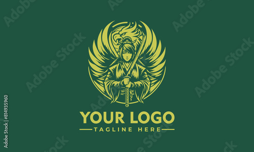 woman samurai and phoenix vector logo female samurai with a sword in her hand the backdrop of a majestic phoenix vector icon or logo template