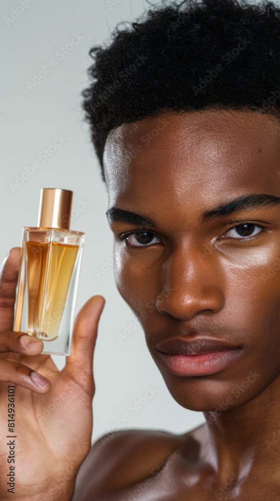 Fototapeta premium Young man with short curly hair holding a golden perfume bottle posing against a white background looking directly at the camera with a neutral expression.