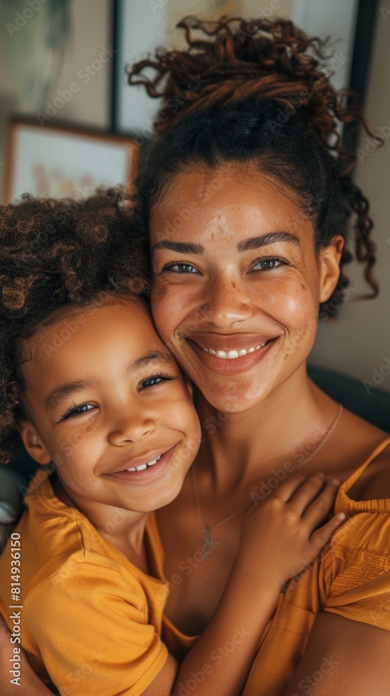 A joyful mother and child embrace their smiles radiating warmth and love. A joyful mother and child embrace their smiles radiating warmth and love.