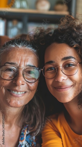 Two smiling women with curly hair wearing glasses sharing a warm moment together.