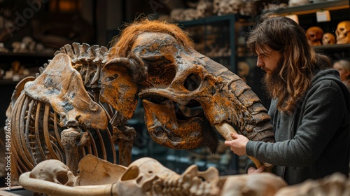 male archeologist examining the skeletal remains of a woolly mammoth