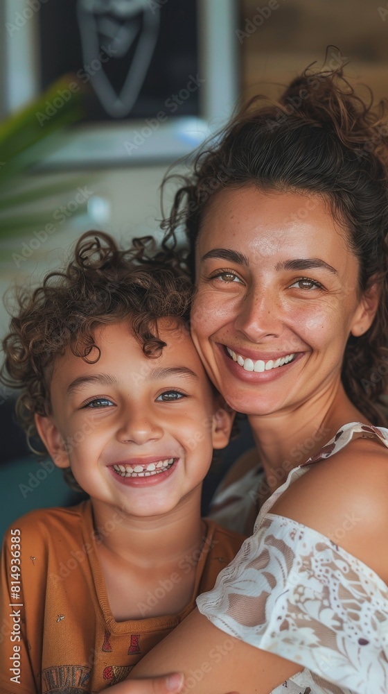A joyful mother and child embrace sharing a warm smile in a brightly lit indoor setting. A joyful mother and child embrace sharing a warm smile in a brightly lit indoor setting.