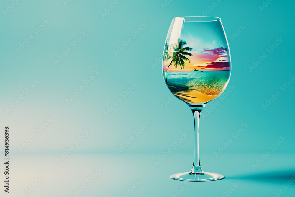 Authentic fun summer concept with tropical beach inside wine glass. Creative art vacation. Authentic fun summer concept with tropical beach inside wine glass. Creative art vacation.