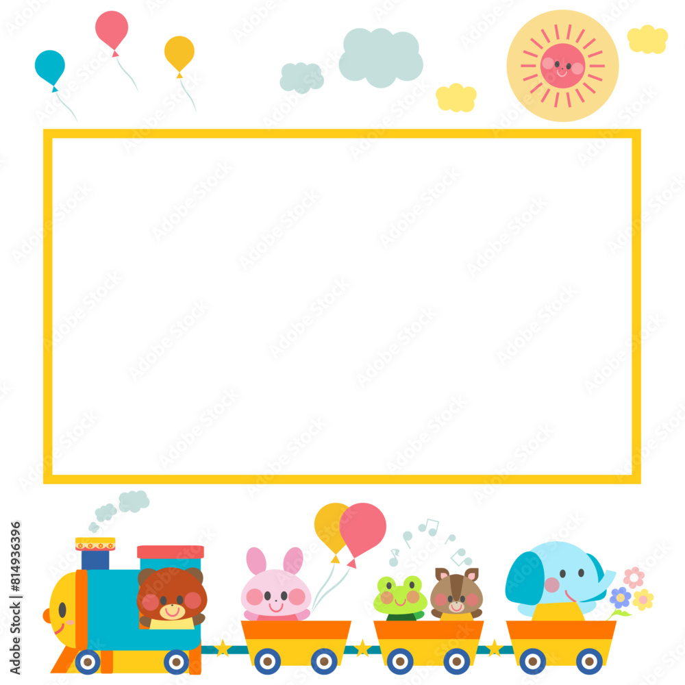 汽車に乗る動物達_メッセージカード、フォトフレーム、ポップフレーム素材_黄色い四角