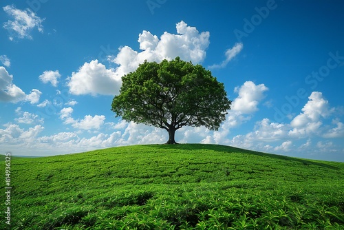 Digital image of  tree sits on top of a green field under blue sky and clouds