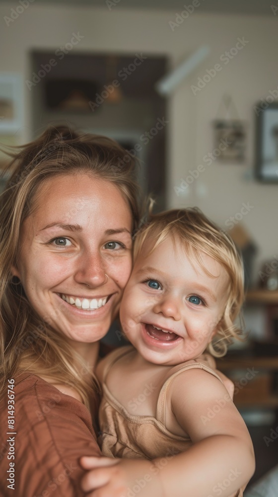 A joyful mother and child moment captured in a warm blurred home setting. A joyful mother and child moment captured in a warm blurred home setting.