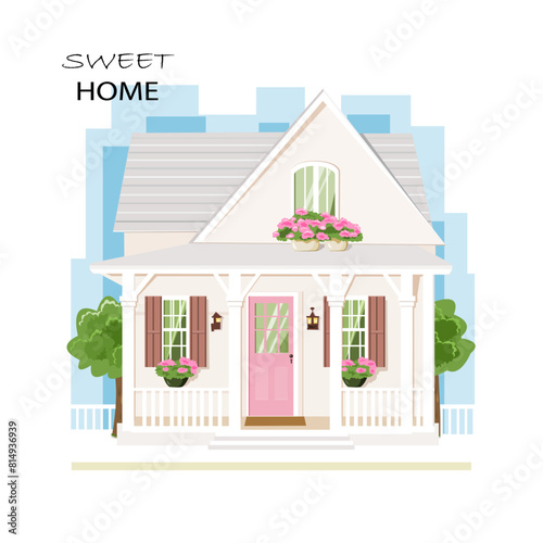 Cute vector house with city background and trees. Beautiful cottage house. Vector illustration