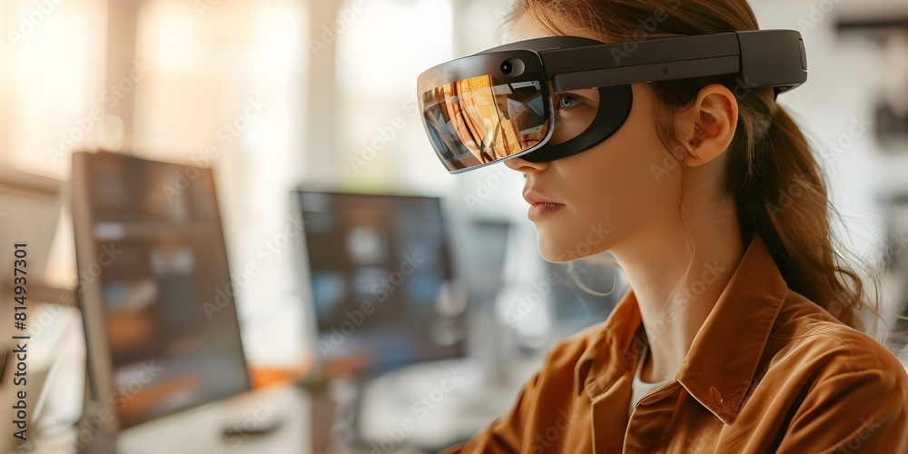 Employee in a tech office utilizing augmented reality glasses for professional tasks. Concept Augmented Reality Glasses, Tech Office, Professional Tasks, Employee, Technology Employee in a tech office utilizing augmented reality glasses for professional tasks. Concept Augmented Reality Glasses, Tech Office, Professional Tasks, Employee, Technology