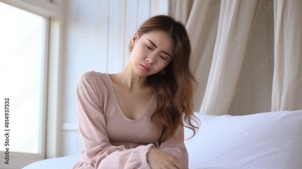 young woman with long hair clutching her stomach in pain, sitting by a window in a softly lit room, depicting discomfort or illness in a serene, indoor setting young woman with long hair clutching her stomach in pain, sitting by a window in a softly lit room, depicting discomfort or illness in a serene, indoor setting