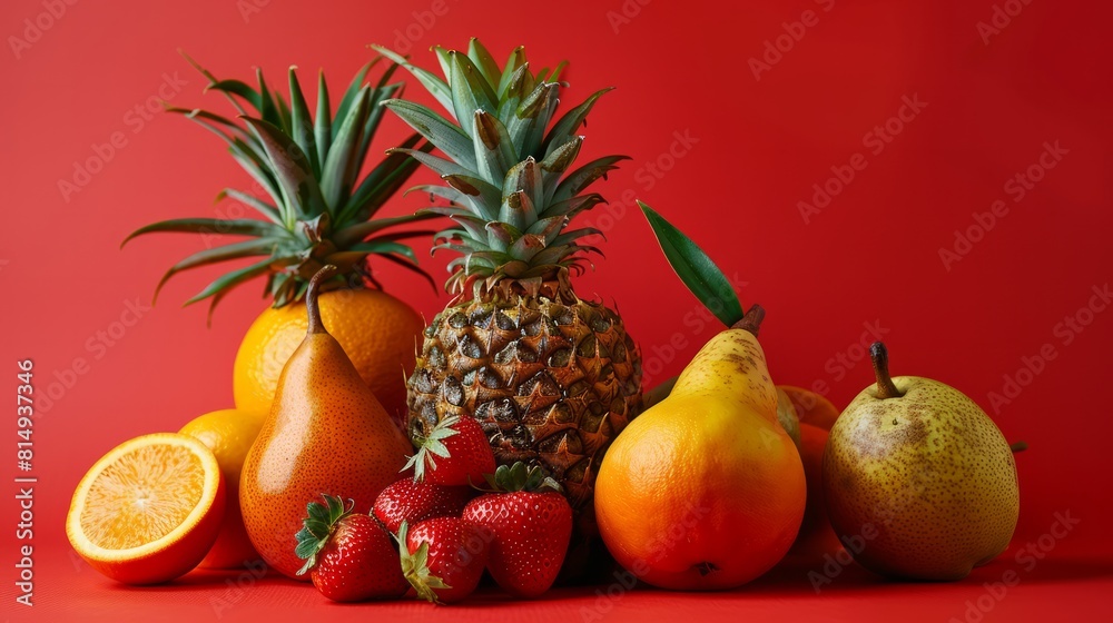 Tropical fruits--strawberries, pears, pineapples, and oranges--vibrantly isolated on a red background, perfect for promoting detox drink recipes.