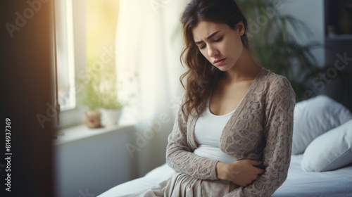 young woman with long hair clutching her stomach in pain, sitting by a window in a softly lit room, depicting discomfort or illness in a serene, indoor setting