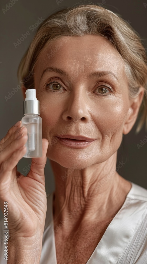 Woman holding a small bottle of liquid possibly a skincare product with a gentle smile emphasizing the importance of self-care and beauty routines. Woman holding a small bottle of liquid possibly a skincare product with a gentle smile emphasizing the importance of self-care and beauty routines.