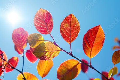 Brilliant Leaves Amidst Azure Skies  Autumn s Palette  Colorful Leaves Dancing Under Blue Heaven