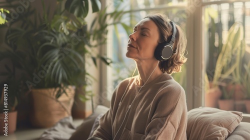 A woman in a cozy room wearing headphones with her eyes closed enjoying a moment of relaxation amidst potted plants and soft light.