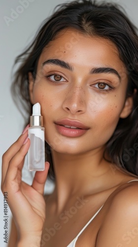 A woman with a radiant complexion holding a small bottle of skincare product showcasing her glowing skin and the product s effectiveness.