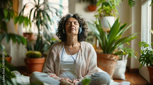 Woman in white tank top and pink cardigan wearing headphones meditating with eyes closed in a room filled with potted plants. photo