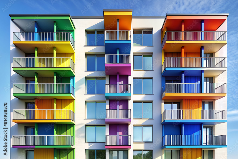 Minimalistic render of a modern building with each balcony a different vibrant color, set against a stark white background Minimalistic render of a modern building with each balcony a different vibrant color, set against a stark white background