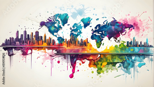 A vibrant and abstract representation of the world map and city skyline with colorful paint splashes